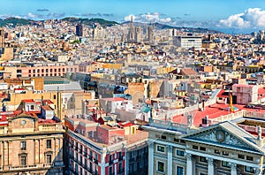 Aerial view of the Gothic Quarter, Barcelona, Catalonia, Spain