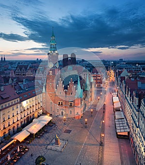 Aerial view of gothic Town Hall in Wroclaw, Poland