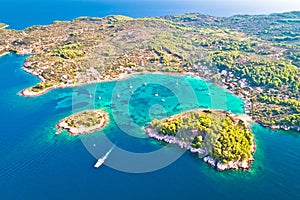 Aerial view of Gradina bay sailing cove on island Korcula
