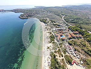 Aerial view of Gradina Garden Beach near town of Sozopol, Bulgaria