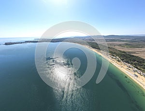 Aerial view of Gradina Garden Beach near town of Sozopol, Bulgaria