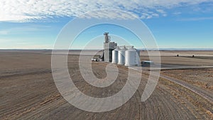 Aerial view of a grain elevator the rural town of Carmangay