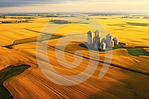 aerial view of grain elevators in golden wheat field