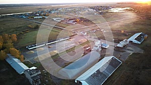 Aerial view of Grain storage silos. Harvest concept. Granary with mechanical equipment