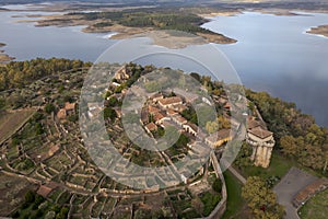 Aerial view of Granadilla next to the Gabriel y Galan reservoir in the province of Caceres, Spain