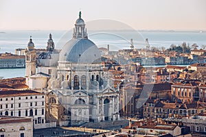 Aerial View of the Grand Canal and Basilica Santa Maria della Salute, Venice, Italy. Venice is a popular tourist destination of