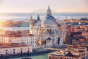 Aerial View of the Grand Canal and Basilica Santa Maria della Salute, Venice, Italy. Venice is a popular tourist destination of