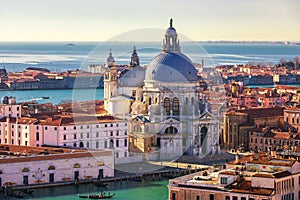 Aerial View of the Grand Canal and Basilica Santa Maria della Salute, Venice, Italy. Venice is a popular tourist destination of