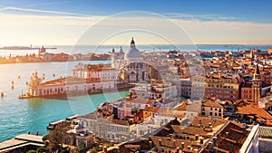 Aerial View of the Grand Canal and Basilica Santa Maria della Salute, Venice, Italy. Venice is a popular tourist destination of