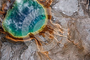 Aerial view of Grand prismatic spring in Yellowstone national park, USA