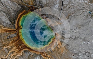 Aerial view of Grand prismatic spring in Yellowstone national park, USA