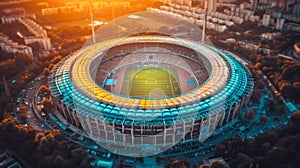 Aerial view of grand stadium aglow with sunset, embodying energy passion atmosphere of sports competitions