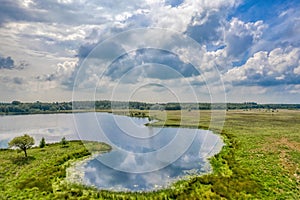 Aerial view of a grass field with reeds. A lake in the forest. Photo made by a drone from above in the Dutch nature