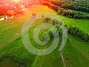 Aerial view of grassland, trees and shrubs with a network of small paths and hiking trails in spring with fresh green foliage