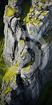 Aerial View Of Grassy Peaks: Organic Stone Carvings And Totems