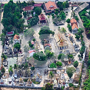 Aerial view of graveyard with tombs and stupas near Phnom Penh, Cambodia. Cemetery in Cambodia.