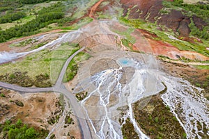 Aerial view of the Great Geyser, geysir in Iceland