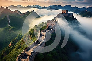 Aerial View of the Great Wall of China, Majestic, Historic, and Iconic Landmark, The Great Wall of China in the mist, lying long,