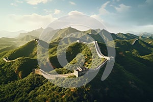 Aerial view of the Great Wall of China winding