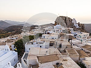 Aerial view of Greek Chora village on Amorgos island, Aegean Sea, Cyclades