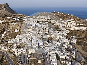 Aerial view of Greek Chora village on Amorgos island, Aegean Sea, Cyclades