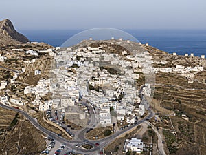 Aerial view of Greek Chora village on Amorgos island, Aegean Sea, Cyclades