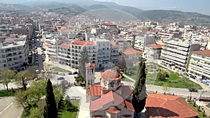 Aerial view of Greek Orthodox temple in Veria city Geece , sideways movement by drone