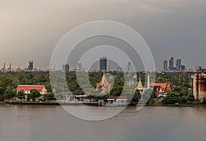 Aerial view on green area of Bang kachao lung and with Chao Phraya River