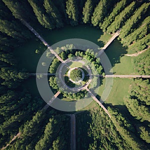 Aerial View Green Coniferous Forest Pines Woods Landscape In Spring Day. Top View Of Beautiful European