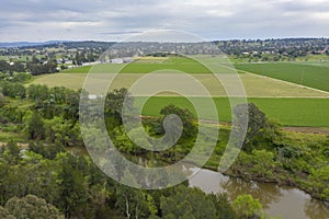 Aerial view of green farmland in regional New South Wales in Australia