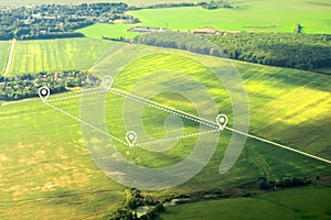 Aerial view of green field, position point and boundary line to show location and area. A tract of land for owned, sale, photo