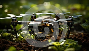 Aerial view of green fields, drone surveilling nature growth generated by AI