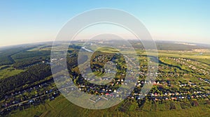 Aerial view of green fields and meadows in countryside, nature landscape panorama