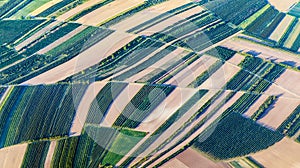 Aerial view of green fields and slopes