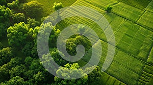 Aerial view of green fields and trees