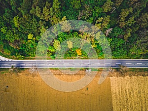 Aerial view of green forest asphalt road. Aerial view car truck drive going through forest.