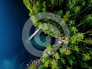 Aerial view of green forest, blue lake and wooden pier with boats in Finland