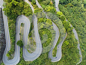 Aerial view of green forest with a curvy road