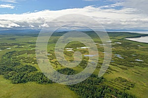Aerial view of the green forest in the North of Khabarovsk territory, far East, Russia.