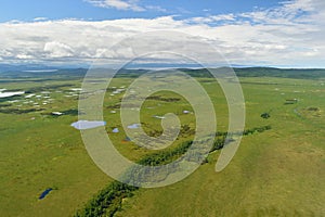 Aerial view of the green forest in the North of Khabarovsk territory, far East, Russia.