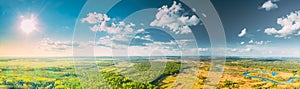 Aerial View Green Forest Woods And River Landscape In Sunny Summer Day. Top View Of Beautiful European Nature From High