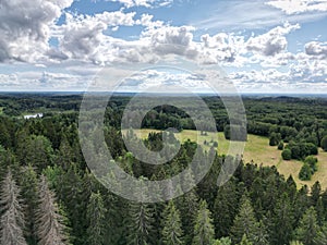 Aerial view of green forests surrounded by green farmland fields