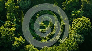 Aerial view of green garden labyrinth. Mysterious landscape design. Generative AI