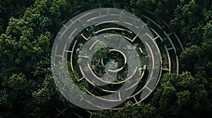 Aerial view of green garden labyrinth. Mysterious landscape design. Generative AI