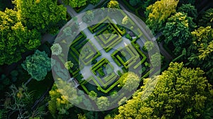 Aerial view of green garden labyrinth. Mysterious landscape design. Generative AI