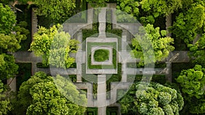 Aerial view of green garden labyrinth. Mysterious landscape design. Generative AI