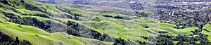 Aerial view of green hills at the base of Mission Peak in south San Francisco bay area