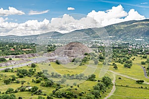 Aerial view of the green lands and mountains, view from the top of Pyramid of the Sun, the largest ruins of the architecturally