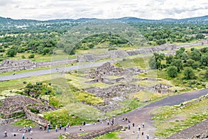 Aerial view of the green lands and mountains, view from the top of Pyramid of the Sun, the largest ruins of the architecturally