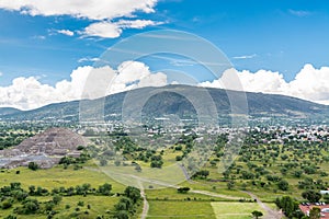 Aerial view of the green lands and mountains, view from the top of Pyramid of the Sun, the largest ruins of the architecturally